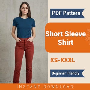 May include: A woman in a teal short-sleeve shirt and red trousers. The image includes text that reads "PDF Pattern", "Short Sleeve Shirt", "XS-XXXL", and "Beginner Friendly". The words "Instant Download" are also visible.