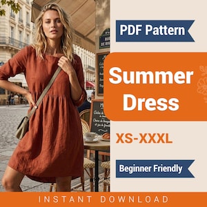 May include: A woman wearing a rust-colored summer dress. The dress has a round neckline and a gathered waist. The image includes text that says "PDF Pattern", "Summer Dress", "XS-XXXL", and "Beginner Friendly".