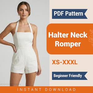 Halter Neck Romper Sewing Pattern: Women's Summer Jumpsuit (PDF Download)
