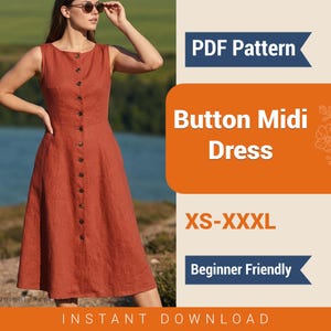 May include: A sleeveless, button-down midi dress in a rust-colored fabric. The dress features a round neckline and a flared skirt. The image also includes text that says "PDF Pattern", "Button Midi Dress", "XS-XXXL", and "Beginner Friendly".