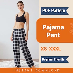 May include: A woman wearing a black sports bra and black and white plaid pajama pants. The image includes text that says "PDF Pattern", "Pajama Pant", "XS-XXXL", and "Beginner Friendly".