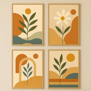 Modern Soyut Botanik Duvar Sanatı – Retro Güneş & Yaprak Minimalist Poster, 70’ler Esintili Dijital Baskı, Boho Ev Dekoru Printable Art”