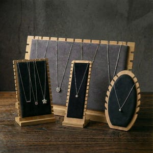Luxury Bamboo Wood Jewelry Display | Velvet Necklace Stand Set | Detachable Craft Fair Prop