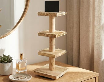 Rotating Wood Jewelry Display Stand, 3 Tier 60 Hook Necklace Holder, Vendor Craft Fair Organizer