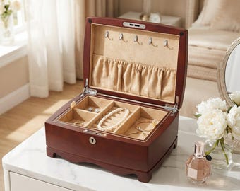 Wooden Jewelry Box Lock Key Organizer Storage Case