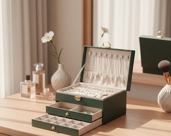 3-Tier PU Leather Jewelry Box, Modern Vanity Organizer