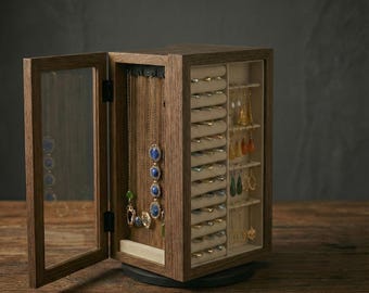 Rotating Wood Jewelry Box, Rustic Vertical Jewelry Organizer with Drawers, Handmade Display Gift