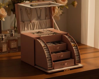 Large Leather Jewelry Organizer Box with Lock, Luxury Multi Layer Jewelry Storage for Women