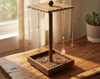 Rotating Wood Necklace Holder, Vintage 4 Tier Jewelry Display Stand, Rustic Bracelet Tower
