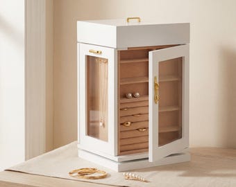 Rotating Jewelry Organizer Box with Mirror Door