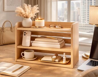 Reinforced Wood Desk Bookshelf: 3-Tier Office Storage Hutch Unit