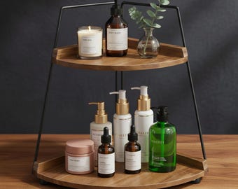Wood Corner Storage Shelf, Double Layer Countertop Organizer for Bathroom & Kitchen Cabinet