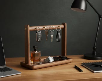 Wood Tabletop Key Holder, Jewelry Storage Rack with Tray, Wooden Desk Entryway Organizer