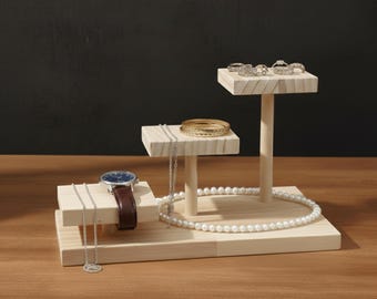 Natural Wood Jewelry Display Set, 3 Piece Modular Watch Bracelet Stand, Sunglass Organizer