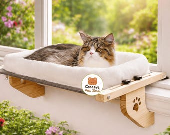 Wooden Cat Window & Bed Perch - Adjustable Drill-Free Pet Hammock With Machine Washable Plush Cushion