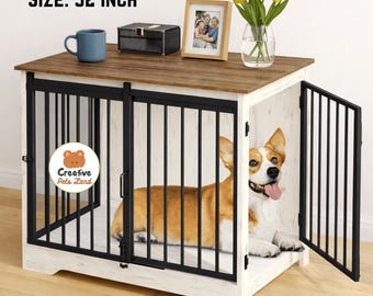 Sturdy Dog Crate Furniture with Barn Door, Anti-Chew, Multi-Functional & Stylish Home Side Table