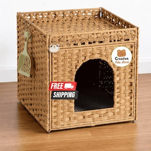 May include: A woven cat house in a square shape with an arched doorway. The cat house is made of light brown material and has a matching scoop hanging on the side. The text "Creative Pets Land" is visible on the side.