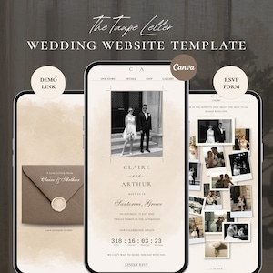 May include: A digital wedding website template titled The Taupe Letter, displayed on three smartphone screens. The design features a neutral beige colour palette, serif typography, a countdown timer, photo galleries, and an envelope graphic.
