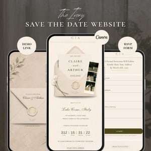 May include: A digital wedding save the date website template displayed on three mobile screens. The design features a cream-coloured envelope, a photo strip, and an RSVP form with text including Claire and Arthur, Lake Como, Italy, and 17.07.2027.