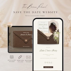 Bruine trouwwebsite-template | Digitale Save the Date met RSVP en afteltimer | Bewerkbare uitnodiging via Canva