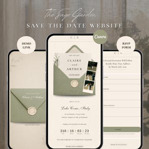 Op de afbeelding: Een digitale save the date website template weergegeven op drie smartphoneschermen. Het ontwerp bevat een saliegroene envelop met een waszegel, de tekst Claire and Arthur, en evenementdetails voor het Comomeer, Italië, op 17 juli 2027 met een timer.