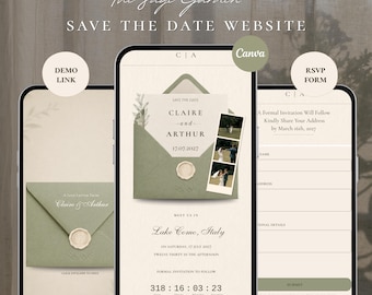 Sage Green Editorial Save the Date Website Template | Digital Wedding Invitation with RSVP | Instant Download