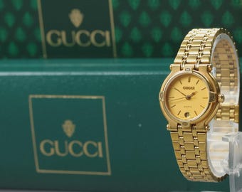 GUCCI 9200L Gold Dial Date 25mm Quartz Women's Watch From [Near MINT w/Box]