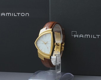 HAMILTON Ventura H243010 Gold Quartz Men's Watch From Japan [Near MINT w/Box]