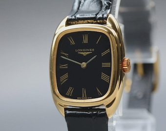 LONGINES 805 6191 22mm Gold Black Dial Roman Manual Women's Watch [Near MINT]