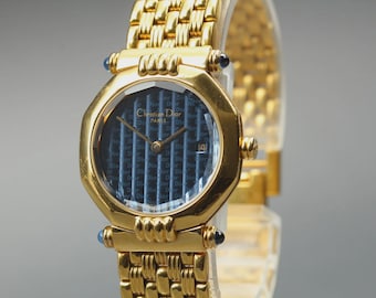 Christian Dior D64-151 Blue Dial Gold Octagon Quartz Women's Watch [Near MINT]