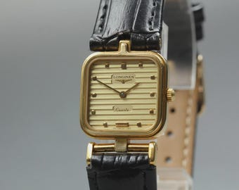 Montre pour femme carrée LONGINES 153 6749 21 mm, cadran doré vintage [presque état neuf]