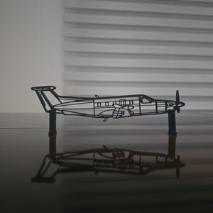 Könnte beinhalten: Ein schwarzes Metallflugzeugmodell mit Propeller und detaillierten Umrissen von Rumpf, Flügeln und Leitwerk. Das Modell wird von zwei kleinen schwarzen Ständern getragen, die sich auf der glänzenden Oberfläche spiegeln. Das Flugzeugmodell ist ein Dekorationsartikel.