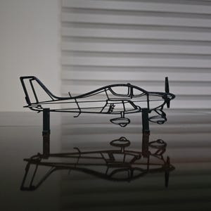 Op de afbeelding: Een zwart metalen vliegtuigmodel met een propeller en een gedetailleerd frame. Het model wordt ondersteund door twee zwarte standaards en de weerspiegeling is zichtbaar op het glanzende oppervlak eronder. Het vliegtuig is een decoratief item.