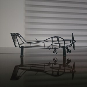 May include: A black metal airplane sculpture with a propeller, wings, and tail. The airplane is a wireframe design, with the interior visible. The sculpture is mounted on two black supports, and its reflection is visible on the surface below.