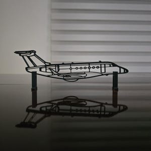 Può includere: Una scultura di aereo in metallo nero con un contorno dettagliato della carlinga, delle ali e della coda dell'aereo. La scultura è sostenuta da due montanti verticali, creando un riflesso sulla superficie lucida. Il design cattura l'essenza dell'aviazione.
