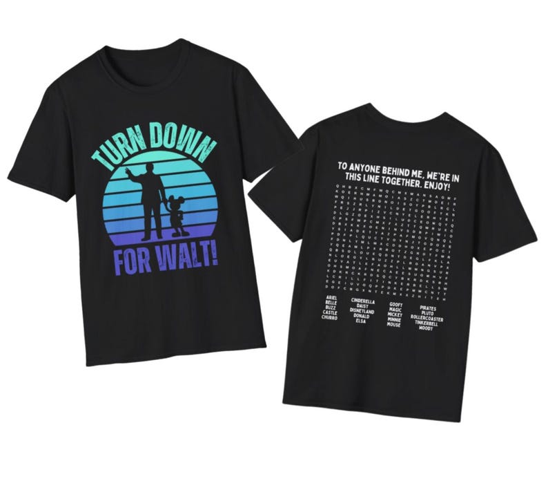 Funny Disneyland T-Shirt – Turn Down For Walt, Word Search Puzzle Back Black