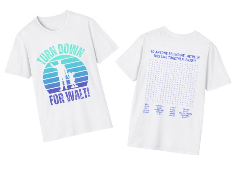 Funny Disneyland T-Shirt – Turn Down For Walt, Word Search Puzzle Back White