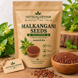 May include: A brown paper pouch labeled Malkangani Seeds by GiftsGalleryHub, featuring an illustration of the plant and a wooden bowl of seeds. The text includes 100% Natural, Celastrus paniculatus, Pure & Natural, No Additives, and Gluten Free.