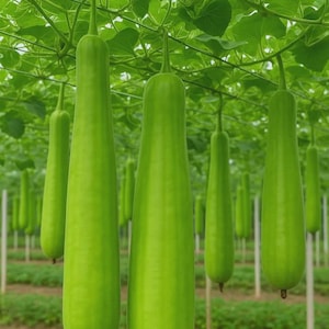 Op de afbeelding: Een veld met flespompoenen, hangend aan een trellis van groene bladeren. De pompoenen zijn heldergroen en hebben een lange, cilindrische vorm. De afbeelding toont een natuurlijke, agrarische omgeving.