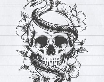 Skull Snake Rose SVG: Gothic Tattoo Clipart (Digital File)