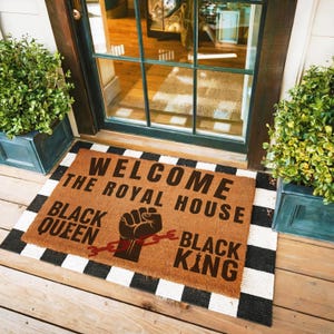 Afrocentric Black Queen Black King Doormat, Cultural Pride Entry Rug