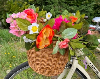 Bike basket garland, reflective flowers for bike, pink and coral flower garland