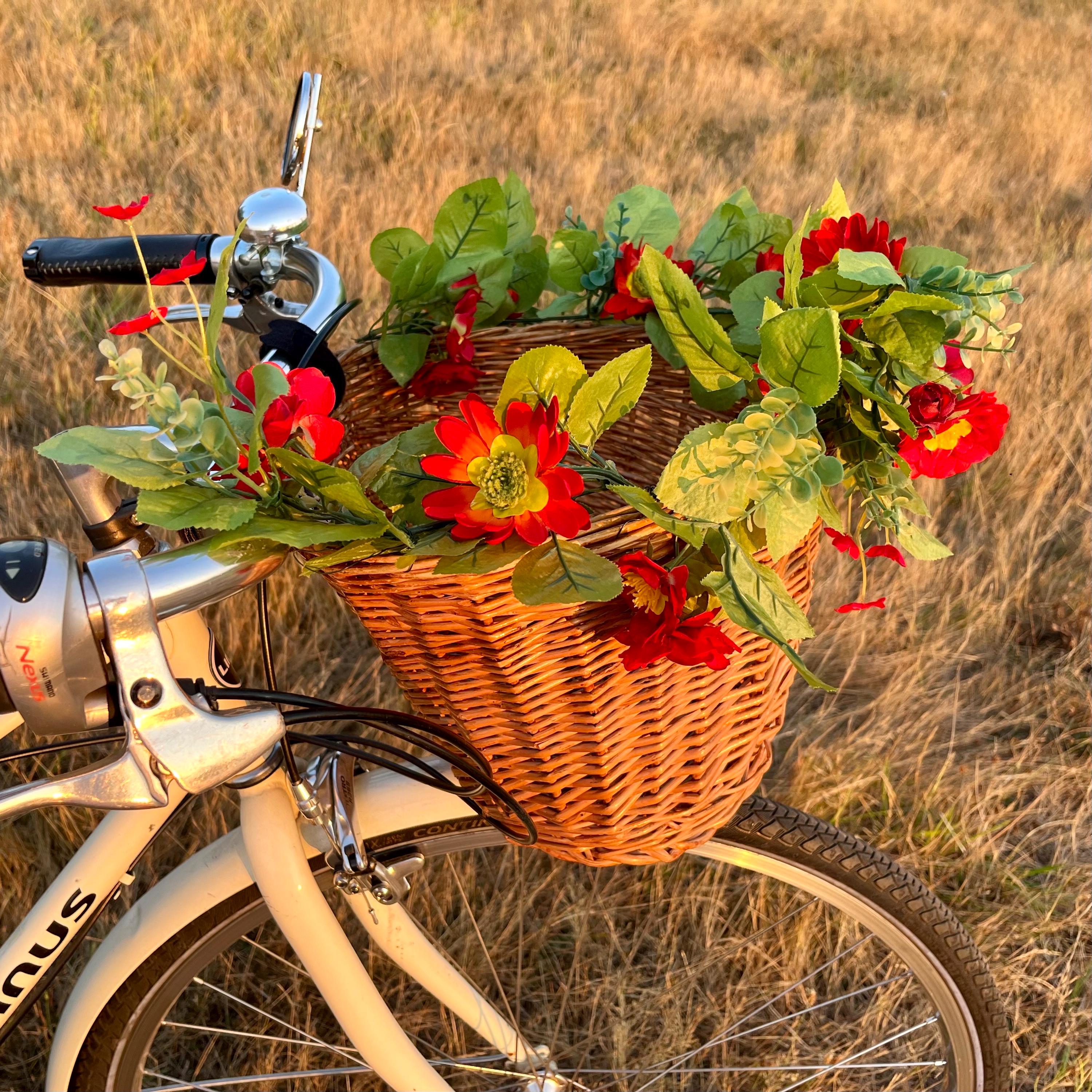 Panier Vélo Vintage 1970 En Plastique Tressé - Blanc à Fleurs Orange
