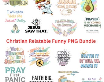 Paquete de imágenes PNG cristianas divertidas / Citas humorísticas de fe con frases fáciles de entender - Imágenes prediseñadas de memes cristianos en colores pastel / Diseños humorísticos de Jesús / Descarga instantánea