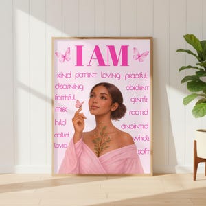 I AM affirmations Wall Art | Christian Inspired Biblical Print | Pink Feminine Bedroom Decor | Boho Butterfly Print | Digital Download