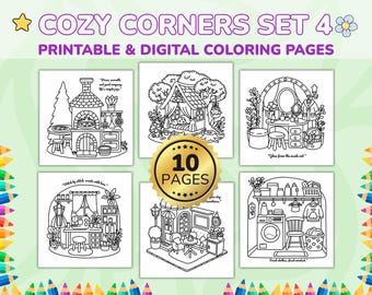Cozy Corners Set 4 – 10 Cozy Coloring Pages PDF – Relaxing Digital Download