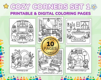 Cozy Corners Coloring Pages SET1 – 10 Hygge Interiors and Nook Designs (PDF)