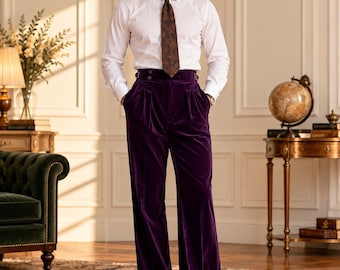 Pantaloni da uomo in velluto su misura, a vita alta, con doppia piega e gamba larga, pantaloni eleganti formali vintage britannici.