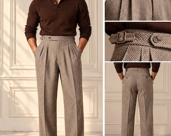 Men's Herringbone Gurkha Trousers, High-Waist Double Pleated, Made-to-Measure Fit