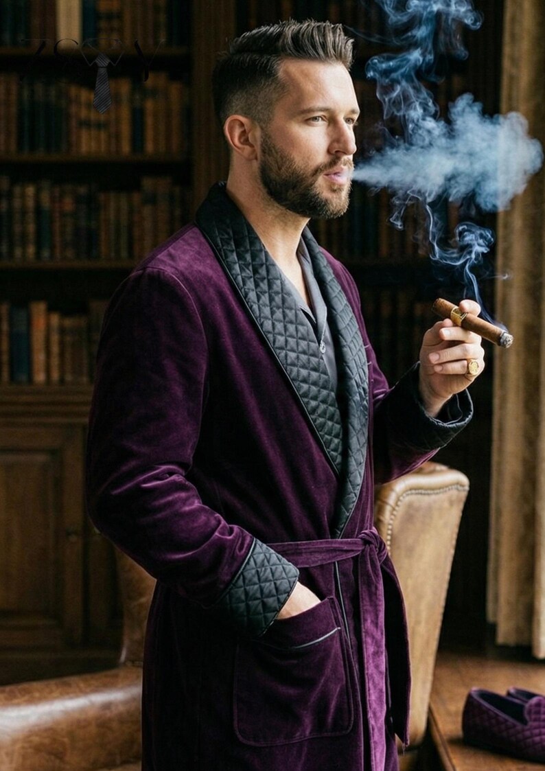 Men's Smoking Robe Purple Velvet Smoking Robe for Men, Luxury Terry Rayon Housecoat ...